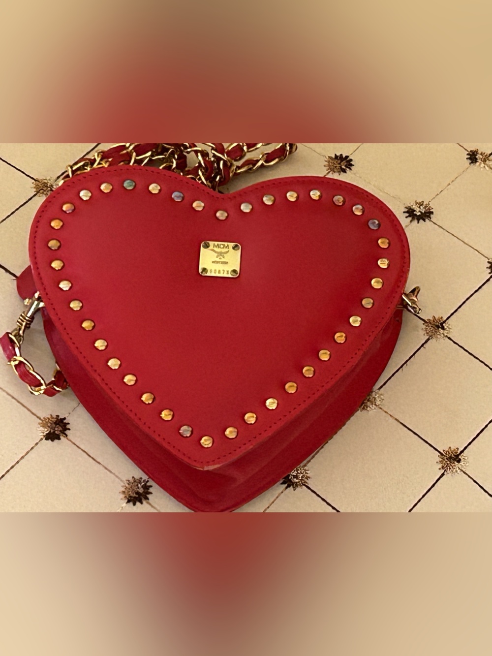 MCM Red Heart Studded Crossbody with Gold Chain Cromer Design - Picture 4 of 16